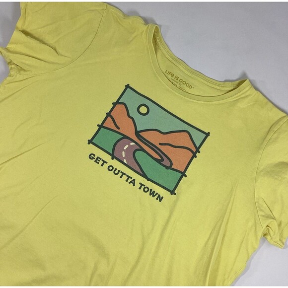 Life Is Good Crusher TShirt Womens XXL Yellow Short Sleeve Top Get Outta Town - Picture 1 of 7